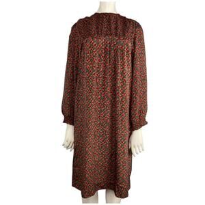 Vintage Leslie Fay Long Sleeve Floral Midi Dress Red Green Classic Modest MEDIUM